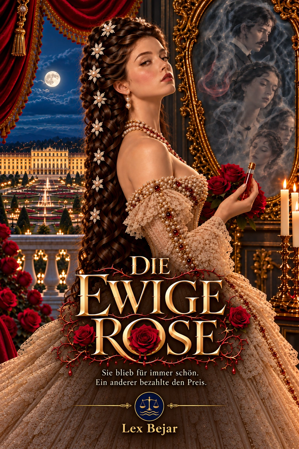 Cover von Die ewige Rose: Kaiserin Elisabeth mit einem roten Elixier neben einem unheimlichen Spiegel