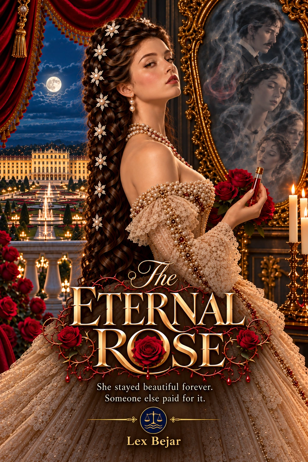 The Eternal Rose cover: Empress Elisabeth holding a crimson elixir beside a haunted mirror
