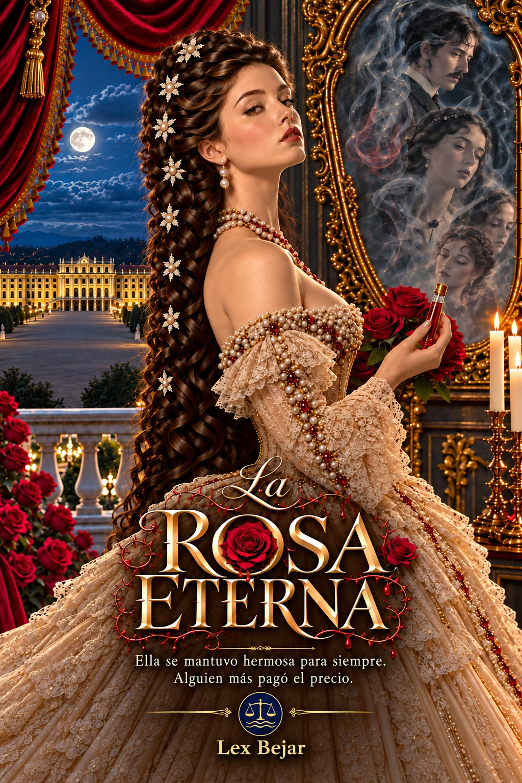 Portada de La rosa eterna: la emperatriz Elisabeth sostiene un elixir rojo junto a un espejo inquietante