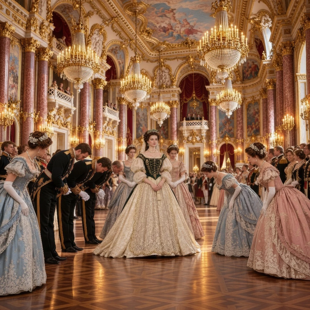 Elisabeth enters the ballroom at the Royal Palace in Budapest, followed by two ladies-in-waiting, as courtiers line the gilded hall.