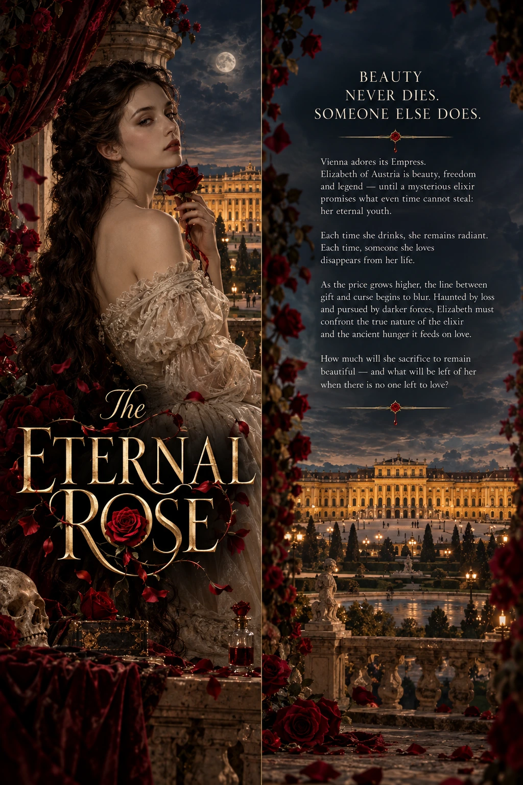 Complete front and back cover artwork for The Eternal Rose, with Elisabeth, Schönbrunn Palace and the book description