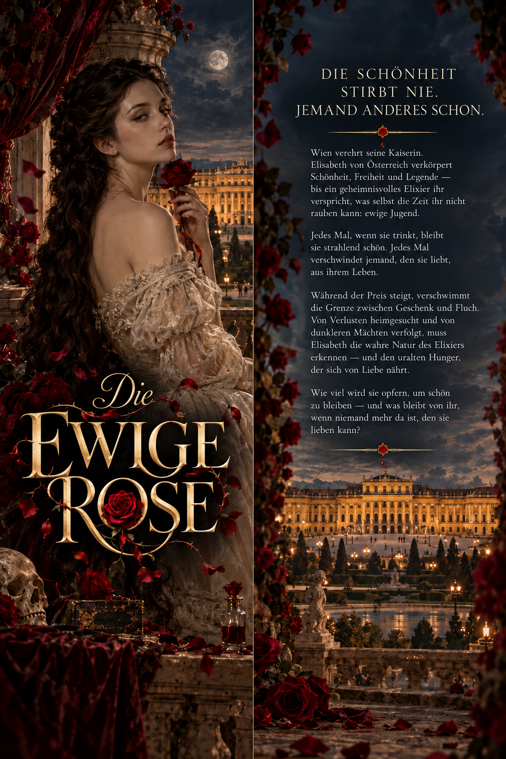 Vollständige Vorder- und Rückseite des Buchcovers mit Elisabeth, Schloss Schönbrunn und der deutschen Buchbeschreibung